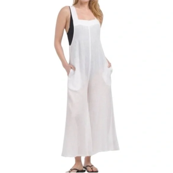 HAUTE HIPPIE Women's Linen Sleeveless Wide Leg Jumpsuit Coverup White XL - Picture 4 of 12